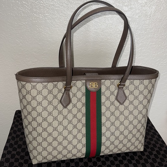 Authentic Gucci x X BALENCIAGA BB Supreme Monogram Web Medium Ophidia Tote Beige